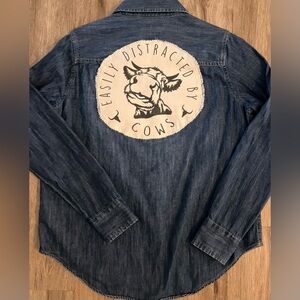 Cow Denim Shirt - “Easily Distracted by Cows” and “Farm Girl” Patches. Medium.